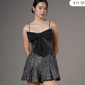 Maeve Bow Front Jacquard Romper Black Silver Party Holiday‎ Size 6 Anthropologie